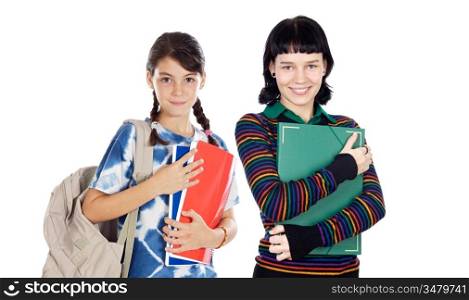 Students of different ages with a backpack and folder isolated on white