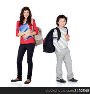 Students of different ages with a backpack and folder isolated on white