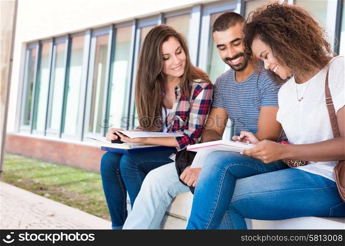 Students sharing notes in the university campus