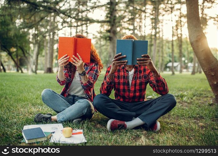 Students sitting on the grass and cover their faces with books, summer park. Male and female teenagers studying outdoors and having lunch