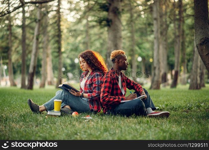 Students with book sitting on the grass with their backs to each other, summer park. Male and female teenagers studying outdoors and having lunch. Students sitting with their backs to each other