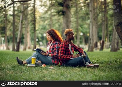 Students with book sitting on the grass with their backs to each other, summer park. Male and female teenagers studying outdoors and having lunch. Students sitting with their backs to each other