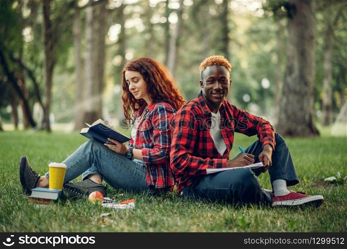 Students with book sitting on the grass with their backs to each other, summer park. Male and female teenagers studying outdoors and having lunch