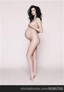 Studio art fashion photo of elegant nude pregnant lady