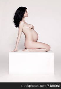 Studio art fashion photo of elegant nude pregnant lady