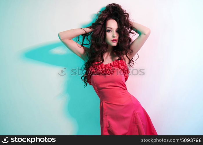 Studio art fashion photo of natural beautiful yong woman on white background. Health and beauty. Beautiful brunette woman