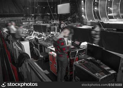 studio camera at the concert. television shooting. black and white photography.