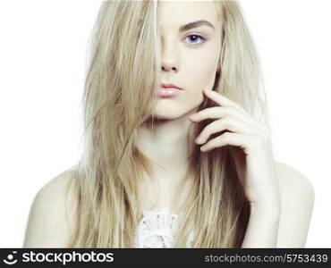Studio fashion portrait of young beautiful lady on white background