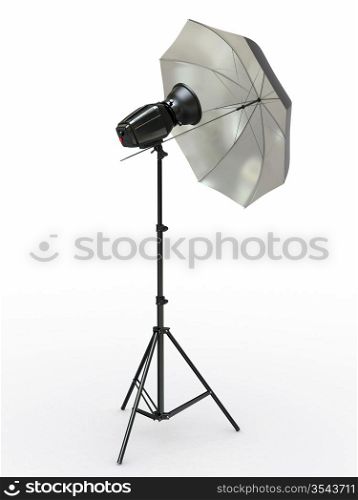 Studio lighting equipment. Flash and umbrella. 3d