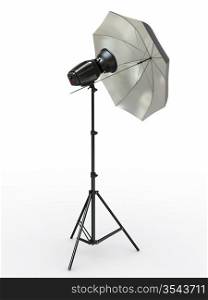 Studio lighting equipment. Flash and umbrella. 3d