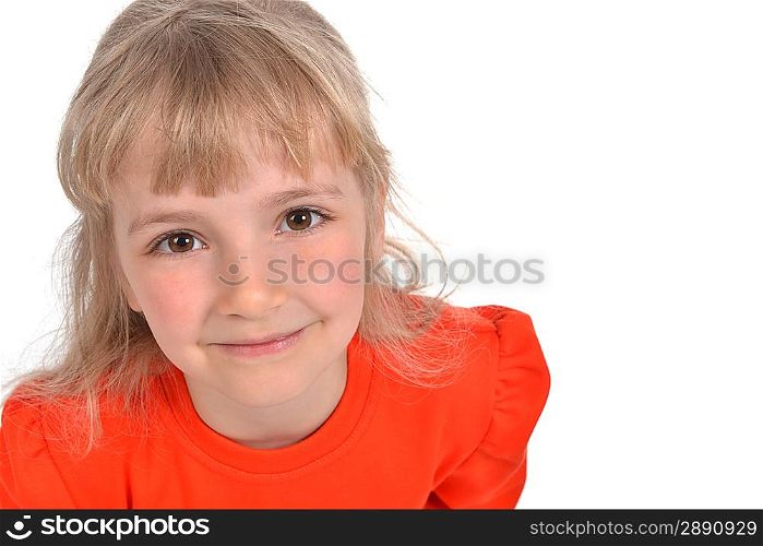 Studio photo of adorable little girl in red blouse