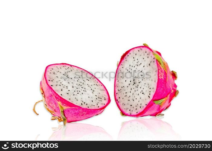 Studio photo with white background of a dragon fruit piece cut in half. Dragon fruit piece cut in half in a white background