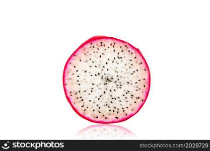 Studio photo with white background of a half a piece of dragon fruit. Half a piece of dragon fruit in a white background