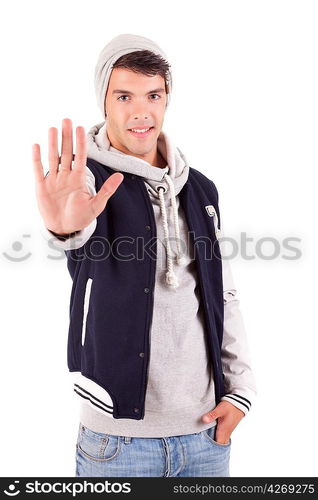 Studio picture of a happy young boy dressed for winter