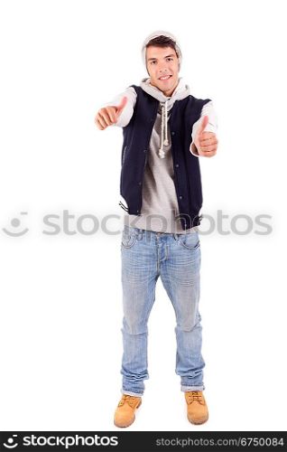 Studio picture of a happy young boy dressed for winter