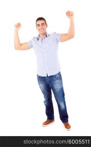 Studio picture of a happy young man with arms raised
