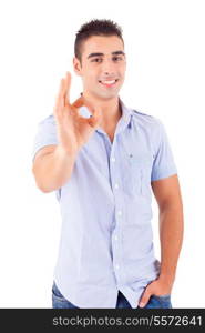 Studio picture of a young handsome man signaling ok