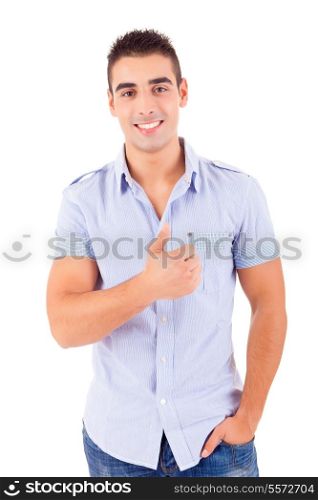 Studio picture of a young handsome man signaling ok