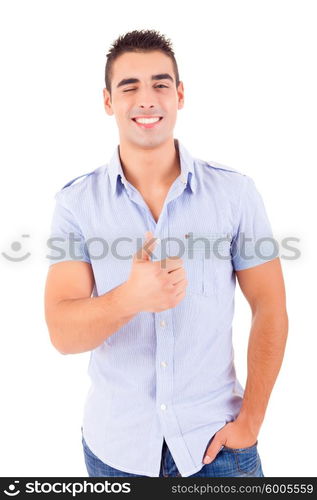 Studio picture of a young handsome man signaling ok