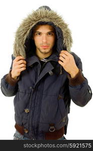 studio picture of a young man dressed for winter