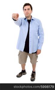 studio picture of a young man pointing, isolated on white