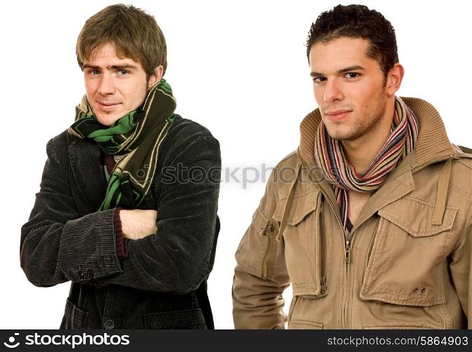 studio picture of two young men dressed for winter