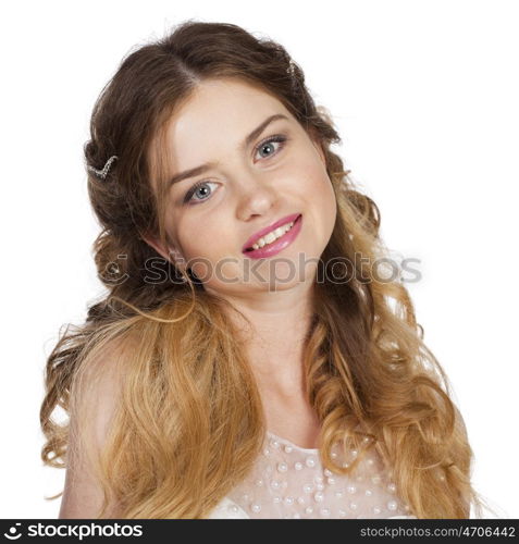 Studio portrait of a beautiful blonde close up with bright makeup on a white background isolated