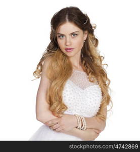 Studio portrait of a beautiful blonde close up with bright makeup on a white background isolated