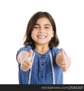 Studio portrait of a beautiful girl with thumbs up, isolated over white background