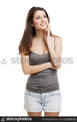 Studio portrait of a beautiful young woman with a thinking expression, isolated on white