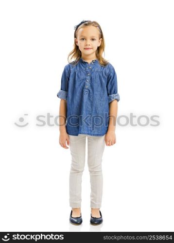 Studio portrait of a cute blonde girl, isolated in white background