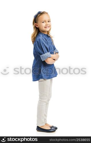 Studio portrait of a cute blonde girl, isolated in white background
