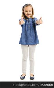 Studio portrait of a cute blonde girl with thumbs up, isolated in white