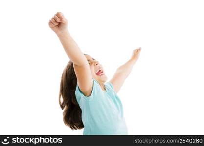 Studio portrait of a happy girl with arms raised on air