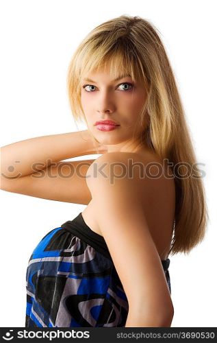 studio portrait of a young beautiful girl with blond hair and balck and blue top
