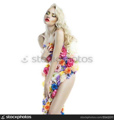 Studio portrait of blooming gorgeous lady in dress of flowers