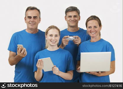 Studio Portrait Of IT Support Staff Wearing Uniform Against White Background