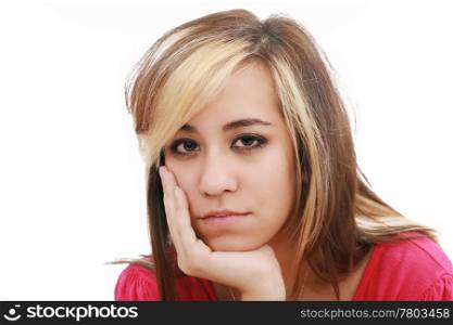 studio portrait of sad young attractive woman