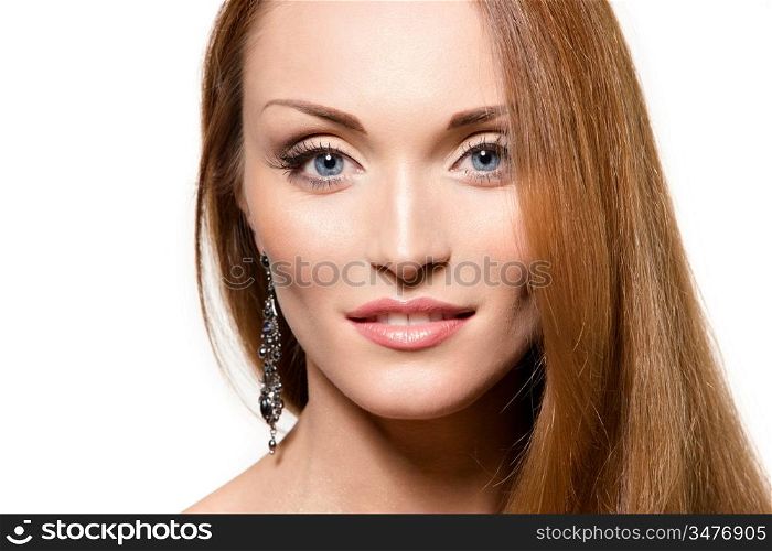 studio portrait of young charming lady, over white background, wellness and beauty concept