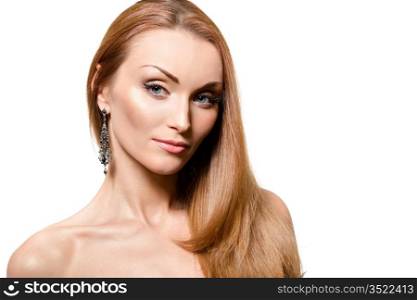 studio portrait of young charming lady, over white background, wellness and beauty concept