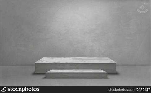 Studio room with a gray wall and 3D podium mockup, Background Grey Cement texture of floor, illustration 3D Backdrop of Gray Concrete surface with cracked texture pattern. Banner for loft design concept