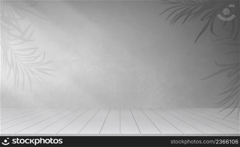Studio room with light and shade on Grey cement tacture background, illustration 3D Backdrop Gray Concrete with palm leave on wall room and wooden floor surface,Banner background for loft design concept
