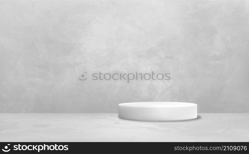 Studio room with white podium on gray floor, Background Grey Cement texture of wall, illustration 3D Backdrop of Gray Concrete surface with cracked texture pattern. Banner for loft design concept