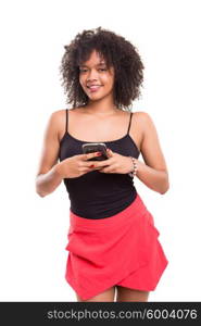 Studio shot: beautiful african woman with a smartphone