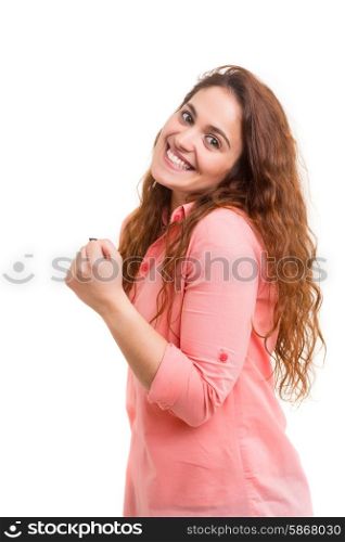 Studio shot: Happy woman celebrating, isolated over white