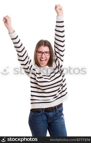 Studio shot: Happy woman with raised arms