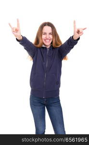 Studio shot  Happy woman with raised arms