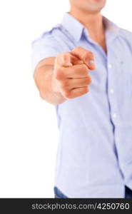 Studio shot of a handsome young man pointing forward