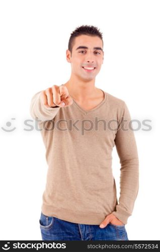 Studio shot of a handsome young man pointing forward