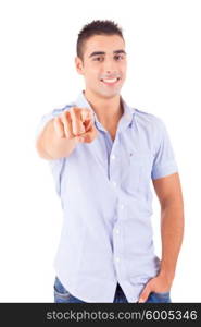 Studio shot of a handsome young man pointing forward